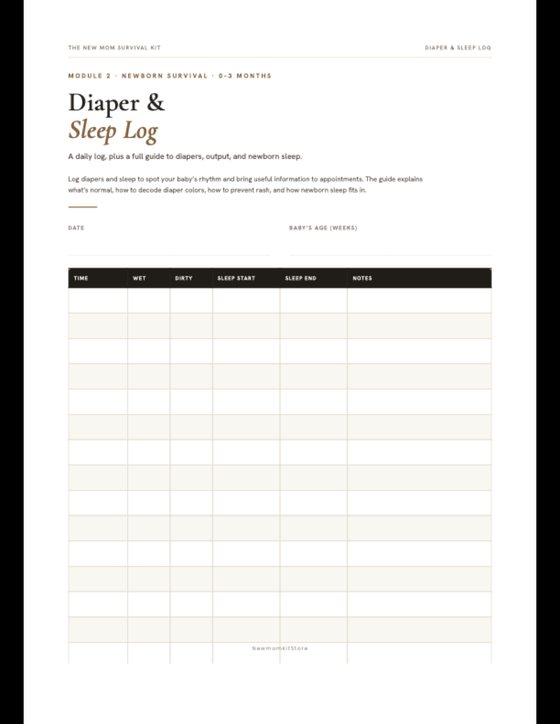 Newborn diaper and sleep log printable for recording wet and dirty diapers and sleep stretches