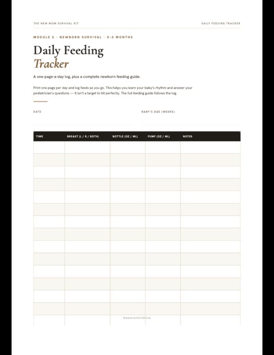 Daily feeding tracker printable with columns for time, breast, bottle ounces, pumping and notes