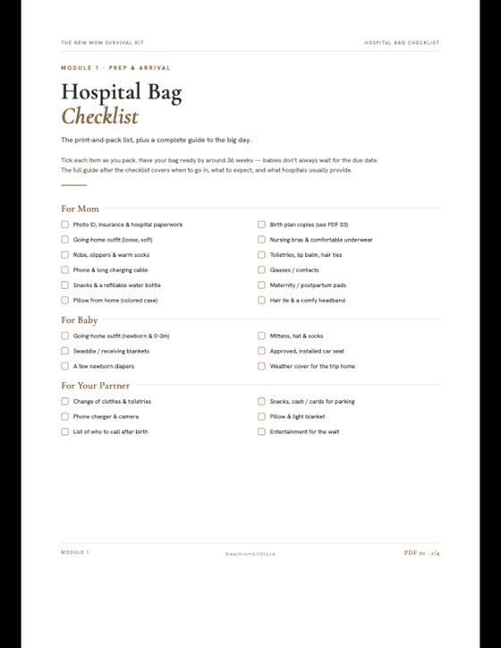 Hospital bag checklist printable PDF page listing what to pack for mom, baby and partner